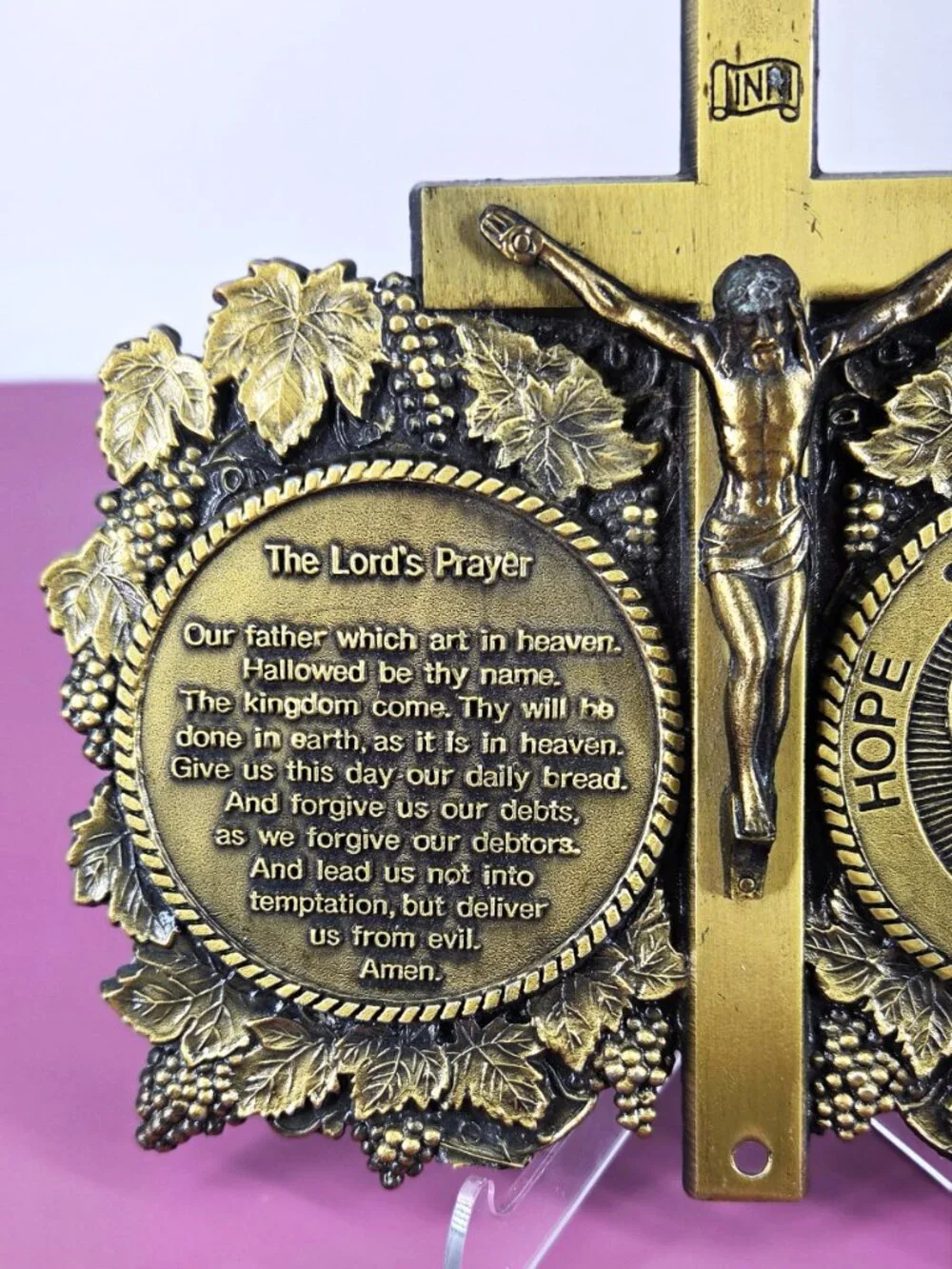 Antique Brass VTG Christian Crucifix Lord's Prayer Praying Hands Wall Plaque 9